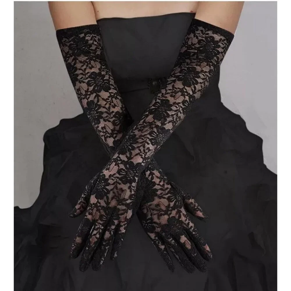 Women's Black Floral Long Lace Gloves Wedding Dance Stretchy Elbow Length